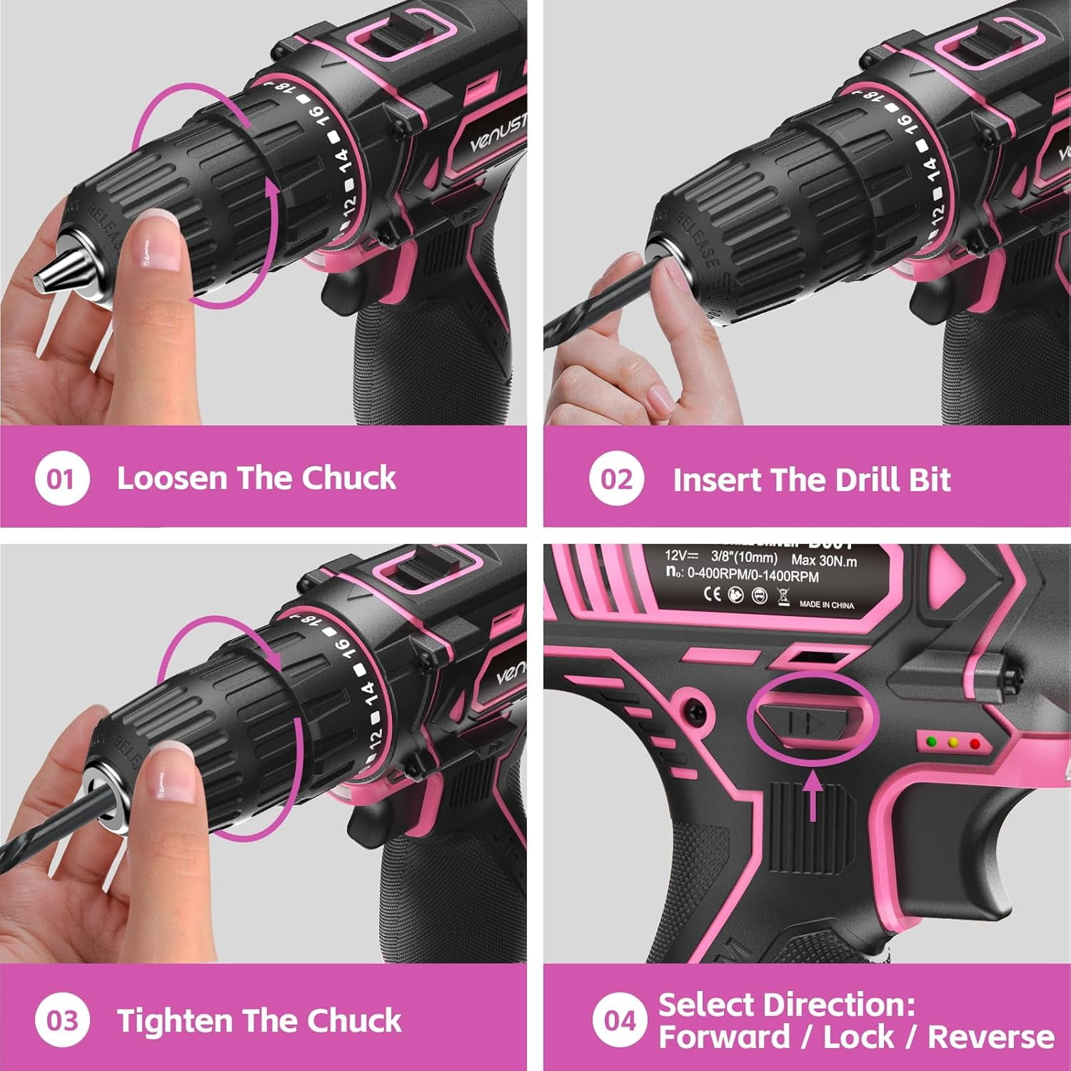 Cordless Drill Set 12V Power Drill with Battery and Charger, 2-Speed Electric Drill with 3/8" Keyless Chuck