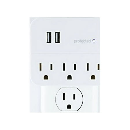 GE - 3-Outlet/2-USB Wall Tap Surge Protector - White