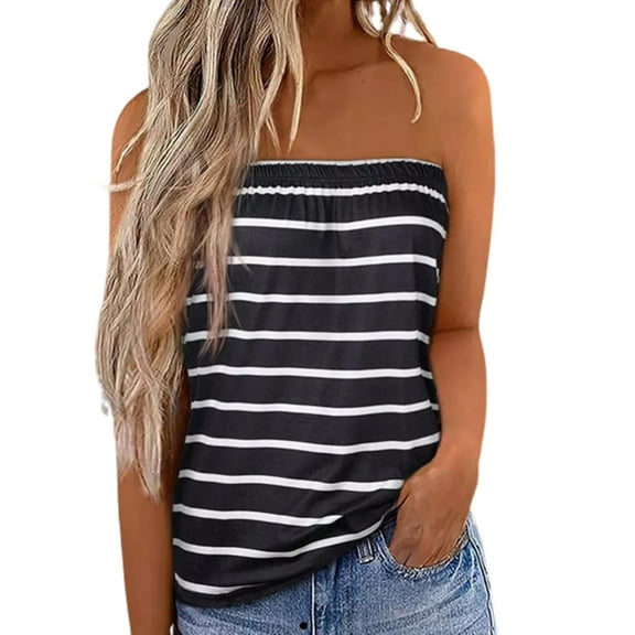 FeMereina Women Striped Strapless Bandeau Tank Casual Sleeveless Summer Loose Holiday Tube Top Shirt Blouse