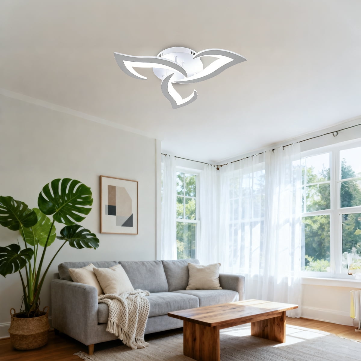Modern Semi Flush Mount Ceiling Light, 20 inch Dimmable LED Chandelier Low Profile Ceiling with Remote Control, Ceiling Lamp Fixture for Living Room Dining Room Bedroom, White