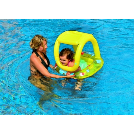 - Yellow Inflatable Sea Creature Swimming Pool Baby Float with Sunshade, 29-Inch