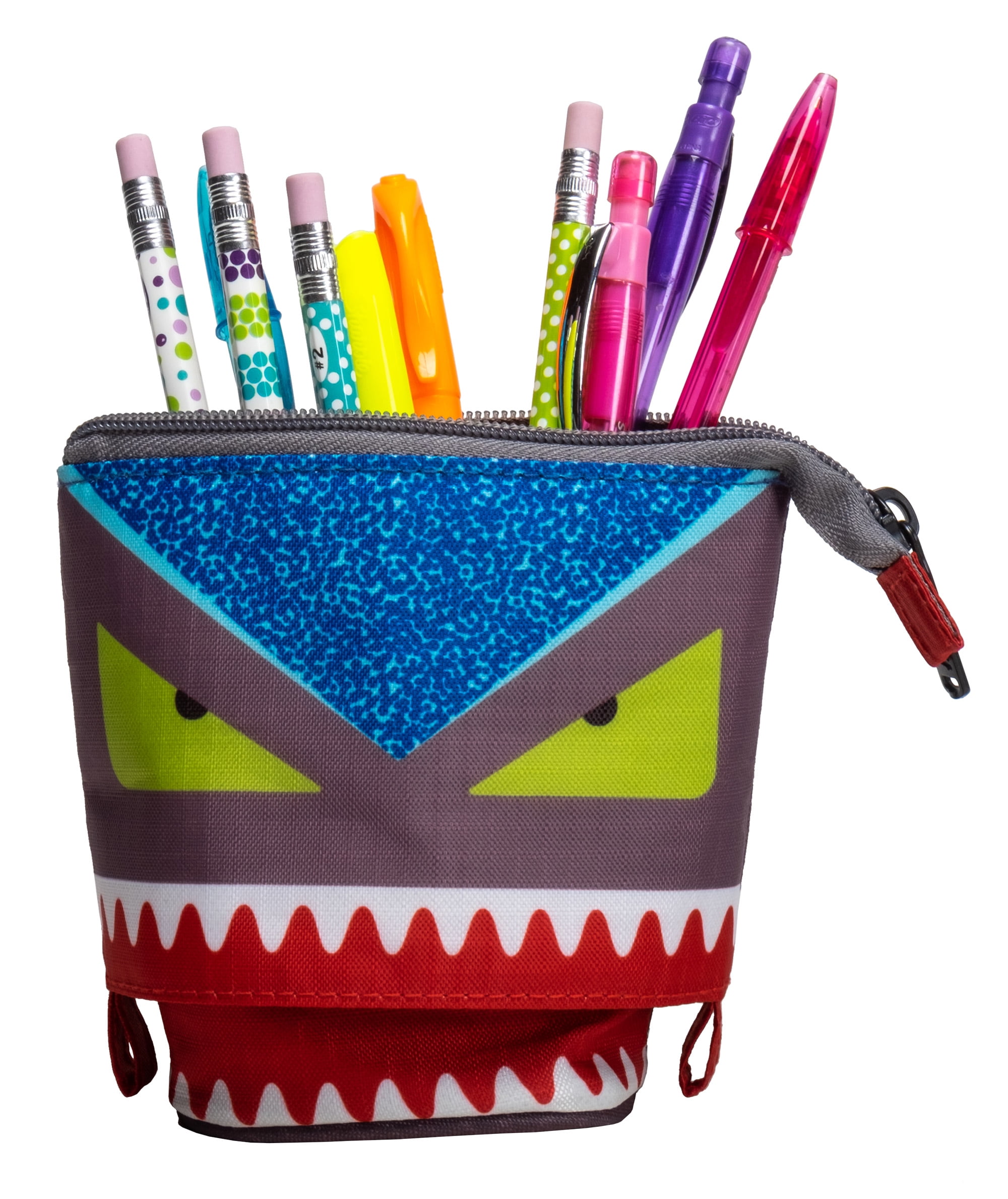 Case It The Pop-up Monster Pencil Case, zippered stand-up pencil pouch, durable nylon material with red and blue design, PLP-36-ME