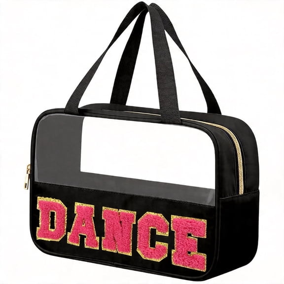 Chenille Letter Makeup Bag for Dance Recital and Competition Clear Ballet Toiletry Organizer with Handle and Zipper Waterproof Nylon Pouch 1-Piece Large Black and Pink