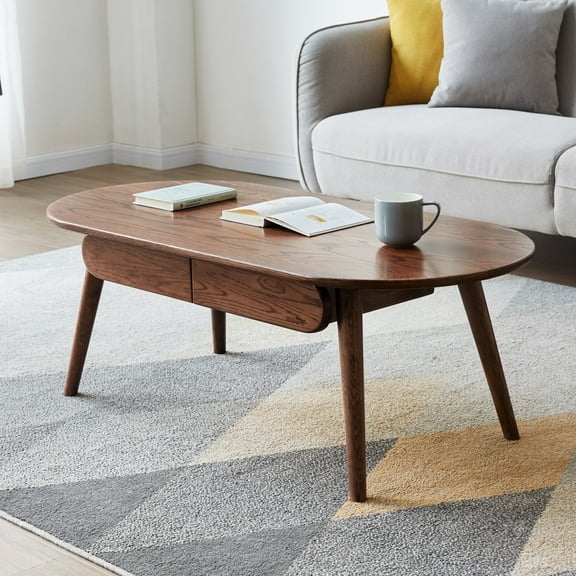 MAYEERTY Capsule Solid Oak Coffee Table with Storage Drawers – Modern Oval Center Table for Living Room & Home Office