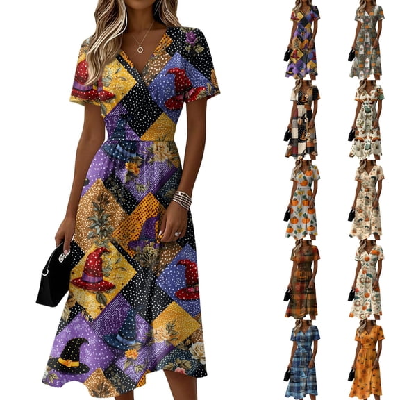 Halloween Dresses for Women Spider Short Sleeve Ghost Vintage Wrap Dress Pumpkin V Neck Funny Wedding Guest Dresses S
