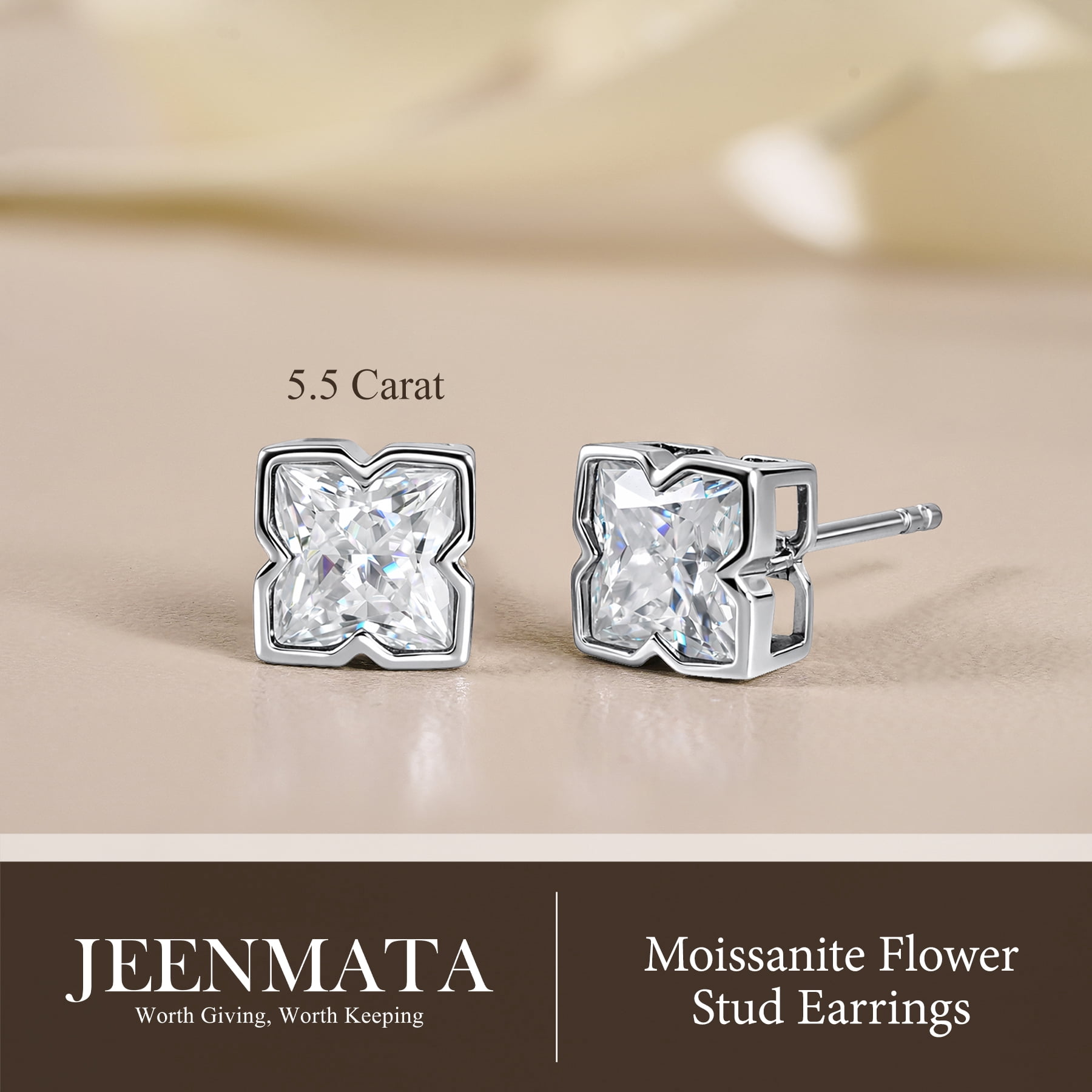 JeenMata 5.5 Carat Moissanite Flower Stud Earrings - 18K White Gold Plating for Women