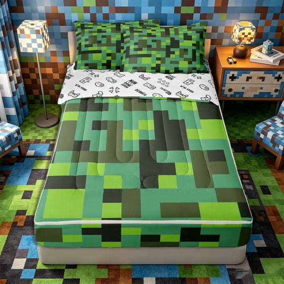 Meiyoeat Pixelated Blocks Miners Zipper Twin Comforter Sets with Fitted Sheet and 2 Pillowcases, Retro Geometric Camo Zipper Bedding Set for Bedroom,4-Piece