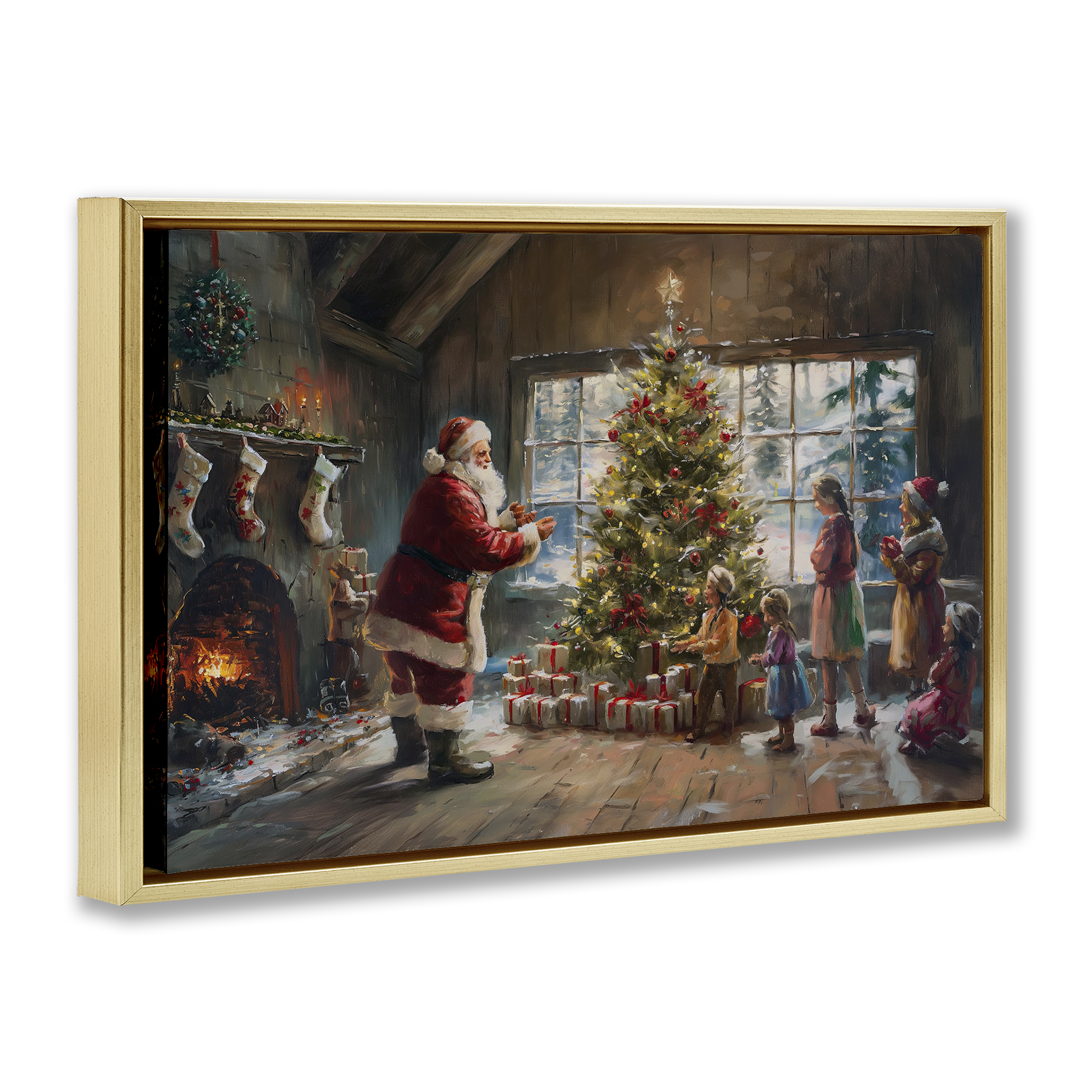Stupell Industries Christmas Morning Family Holiday Painting Gold Floater Framed Canvas Art Prints Wall Art, 25 x 17