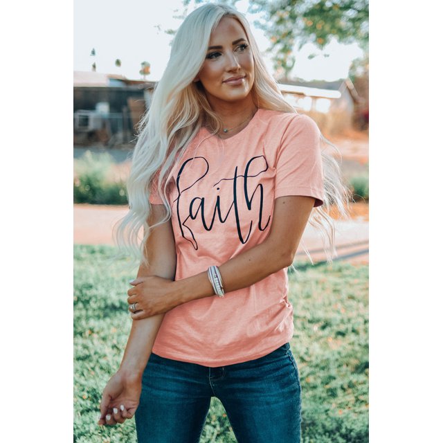 ABPHQTO Camiseta gráfica de manga corta con estampado de letras de fe rosa para mujer
