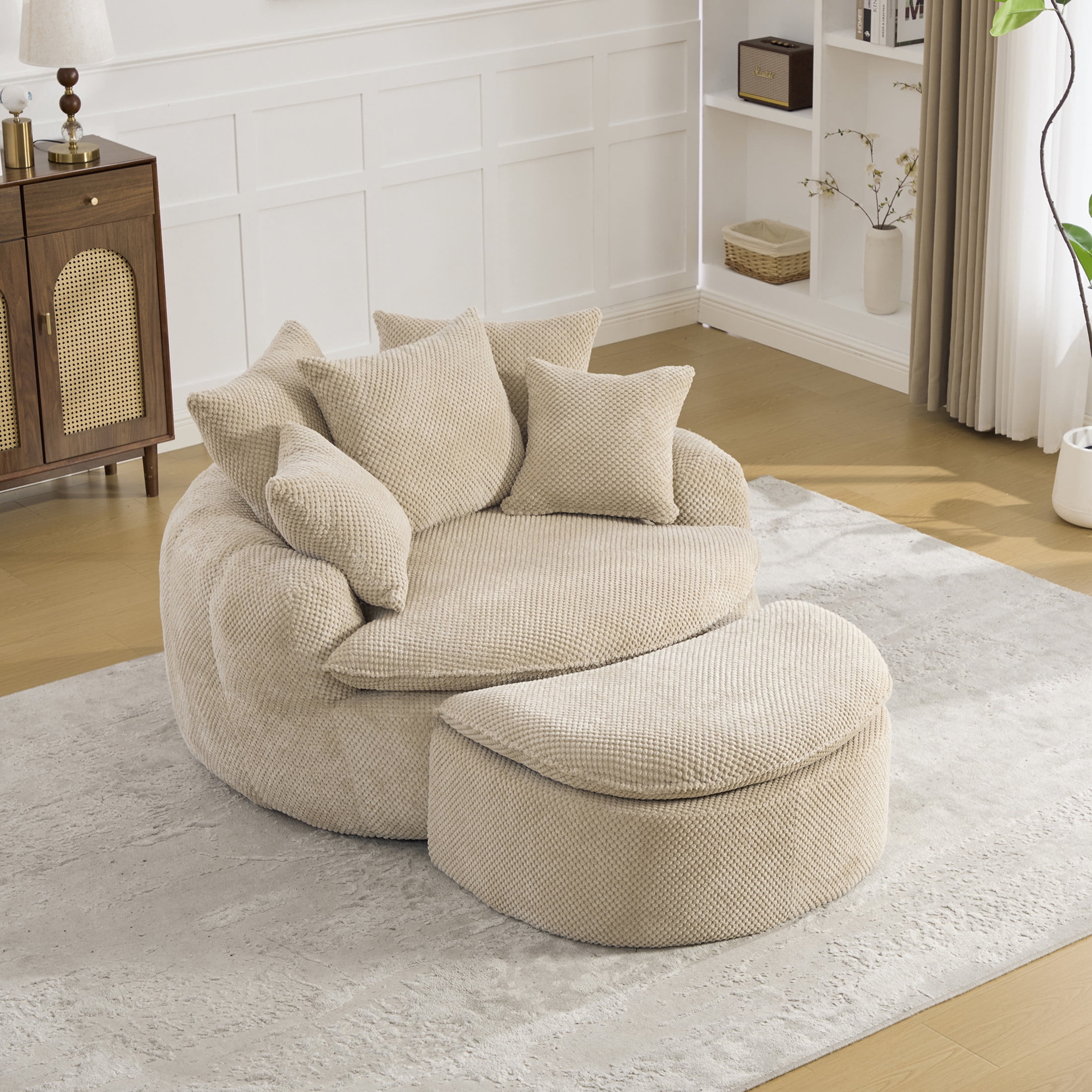 GDF Studio 53.15-Inch Oversized Pumpkin-Shaped Lounge Chair with Footstool Ottoman, Taupe