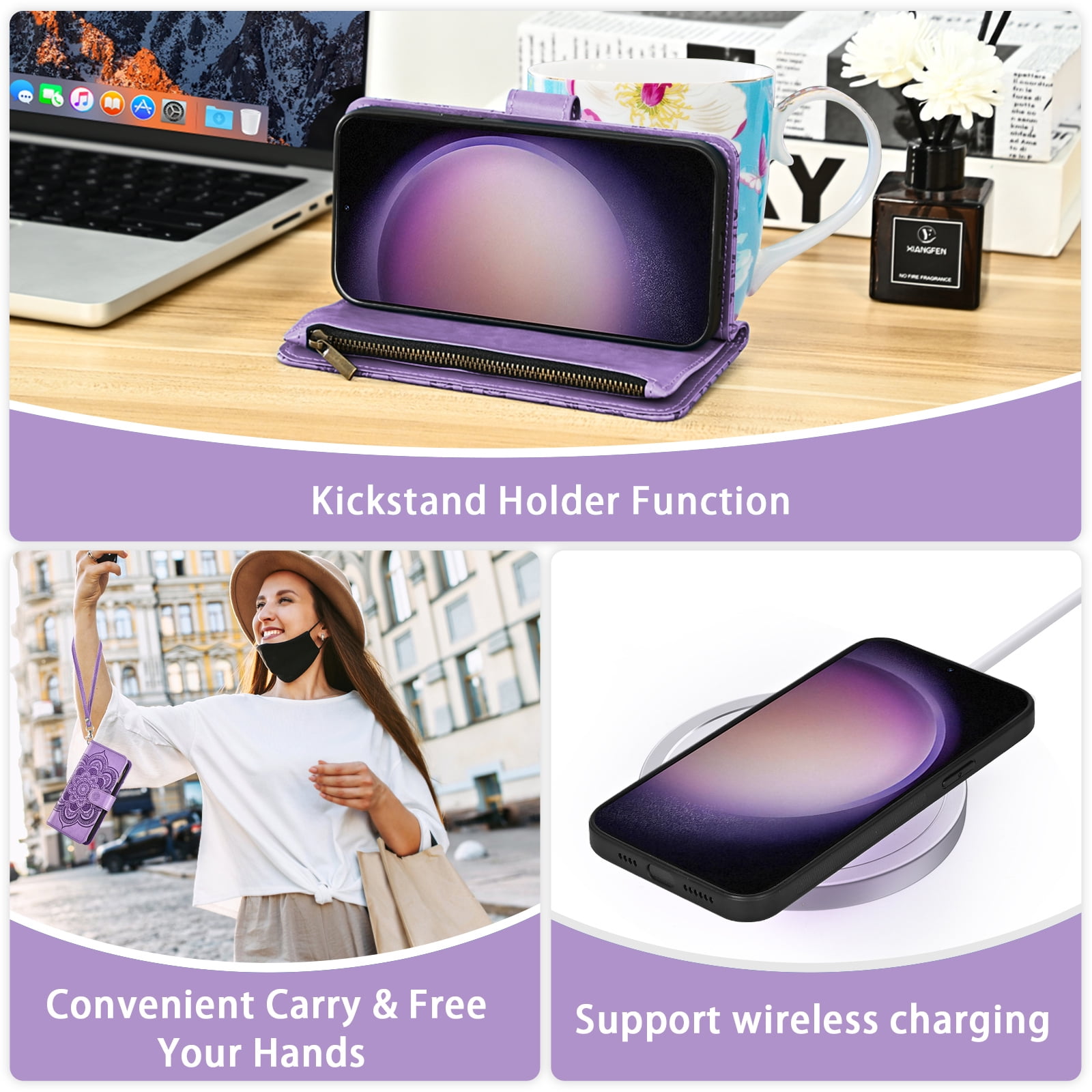 Asuwish Phone Case for Samsung Galaxy S23 5G Zipper Wallet Magnetic Detachable Cell Cover with Tempered Glass Screen Protector Crossbody Strap Flower Card Holder Slot S 23 23S SM-S911U Women Purple