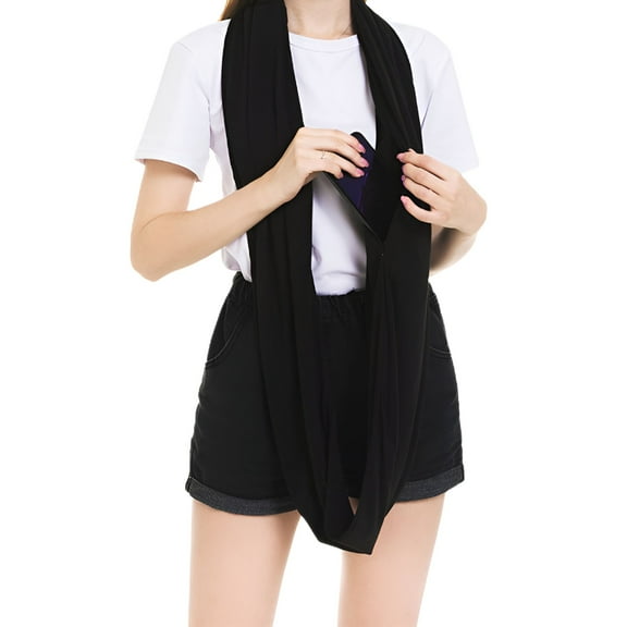 TELOLY Women's Lightweight Fall Travel Spring Stretchy Zipper Fashion Scarves & Wraps Soft Pocket Muffler Infinity Scarf Black One Size