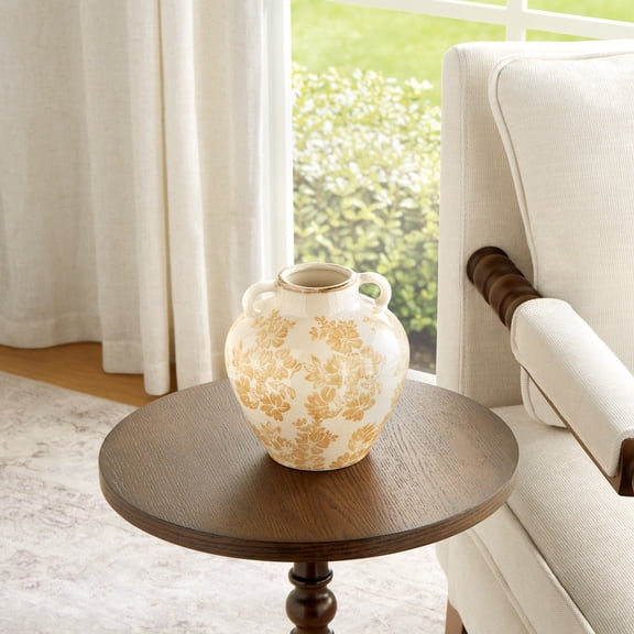The Pioneer Woman White and Yellow Floral Ceramic Vase with Dual Handles, 6.5-Inch Vintage Cottage Farmhouse Accent
