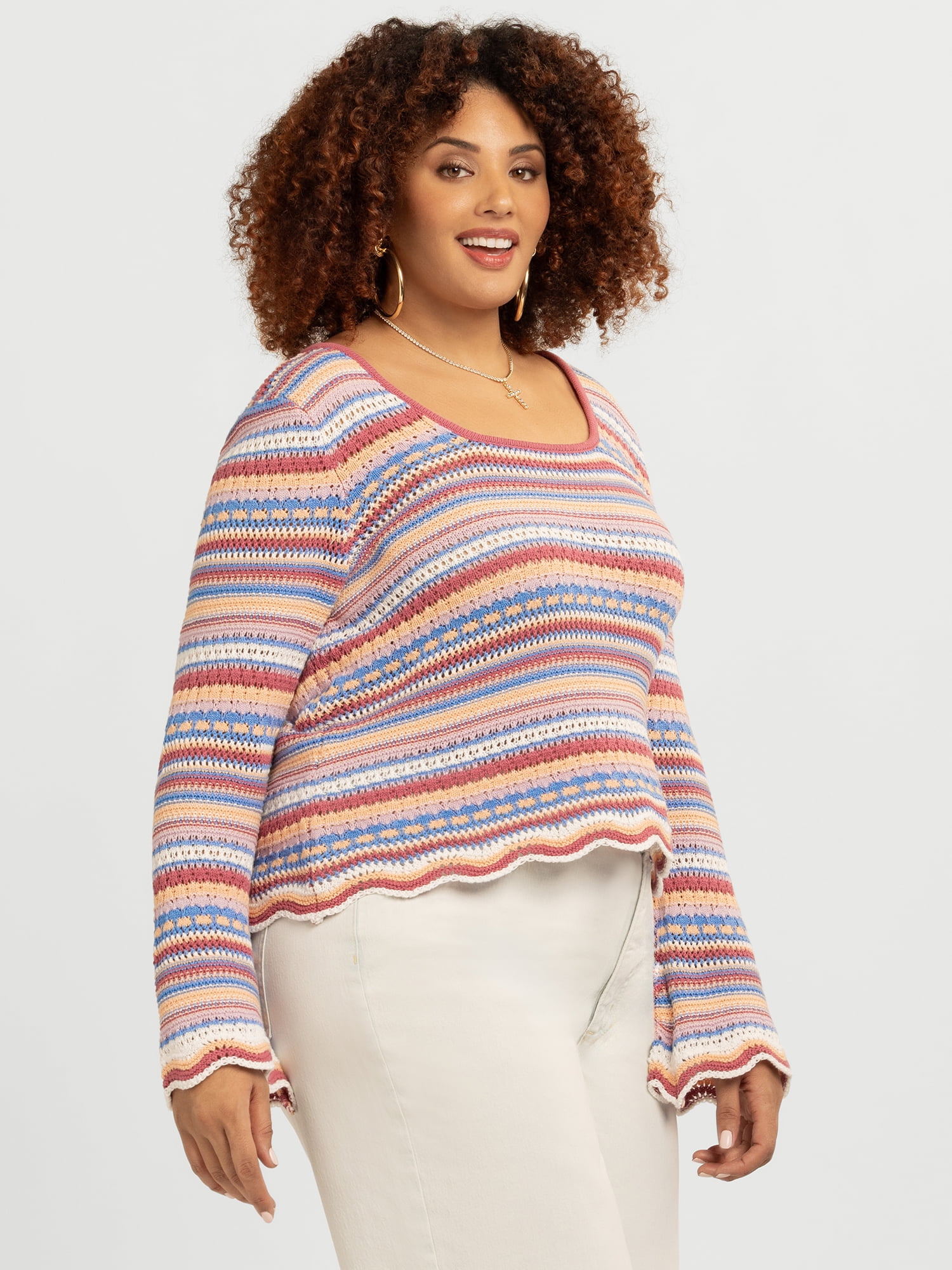 Jessica Simpson Women's Lilianna Cotton Pointelle Sweater with Long Sleeves, Lightweight, Sizes XS-X4