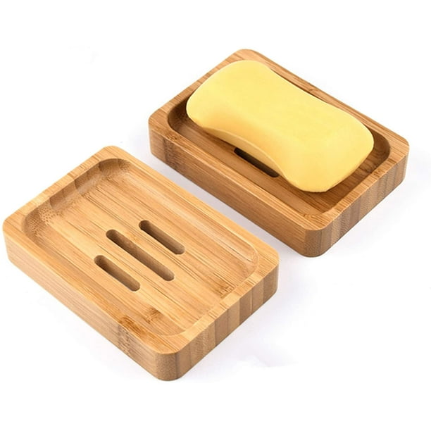 Juego de 2 jaboneras de madera de bambú natural para ducha de baño, jabonera artesanal para jabón y esponja