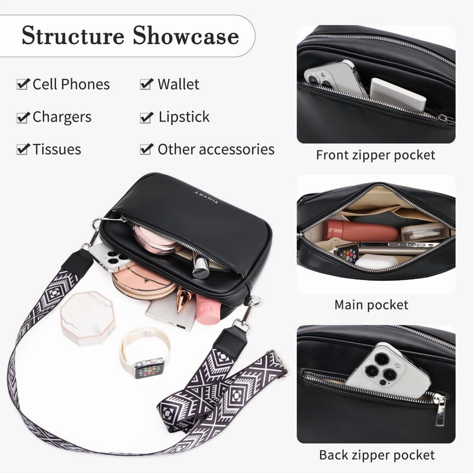 TINYAT Crossbody Bag for Women PU Multiple Pockets Shoulder Purse With Guitar Strap Small Handbags