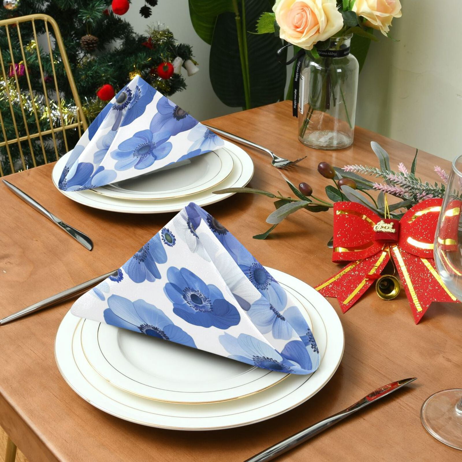 JSTEL Anemone Flowers Floral Cloth Napkins Set of 6, 20x20 Inch Washable and Reusable Napkin for Decoupage Dinner Party Everyday Use