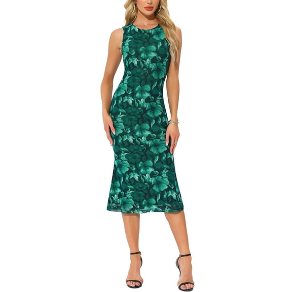 DARING DIVA Mesh Floral Sleeveless Crew Neck Cocktail Midi Dress XS Dark Green