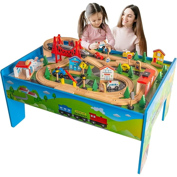 Train Table Toys,Wooden Train Track Railway City Sets Table for Kids Toddlers