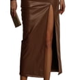 thumbnail image 2 of Women High Waisted Leather Front Thigh Slit Wrap Midi Skirt Long Pencil Bodycon Brown L, 2 of 6