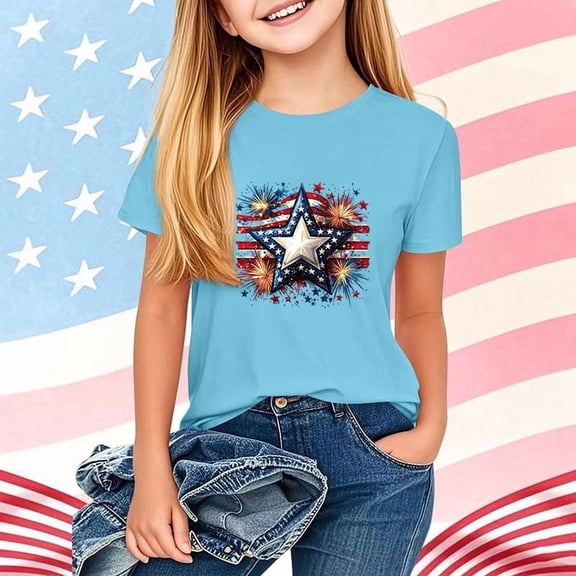 Amidoa Girls Short Sleeve Graphic Crewneck Summer Independence Day T Shirts Kids Casual Tops Blue Size 2T