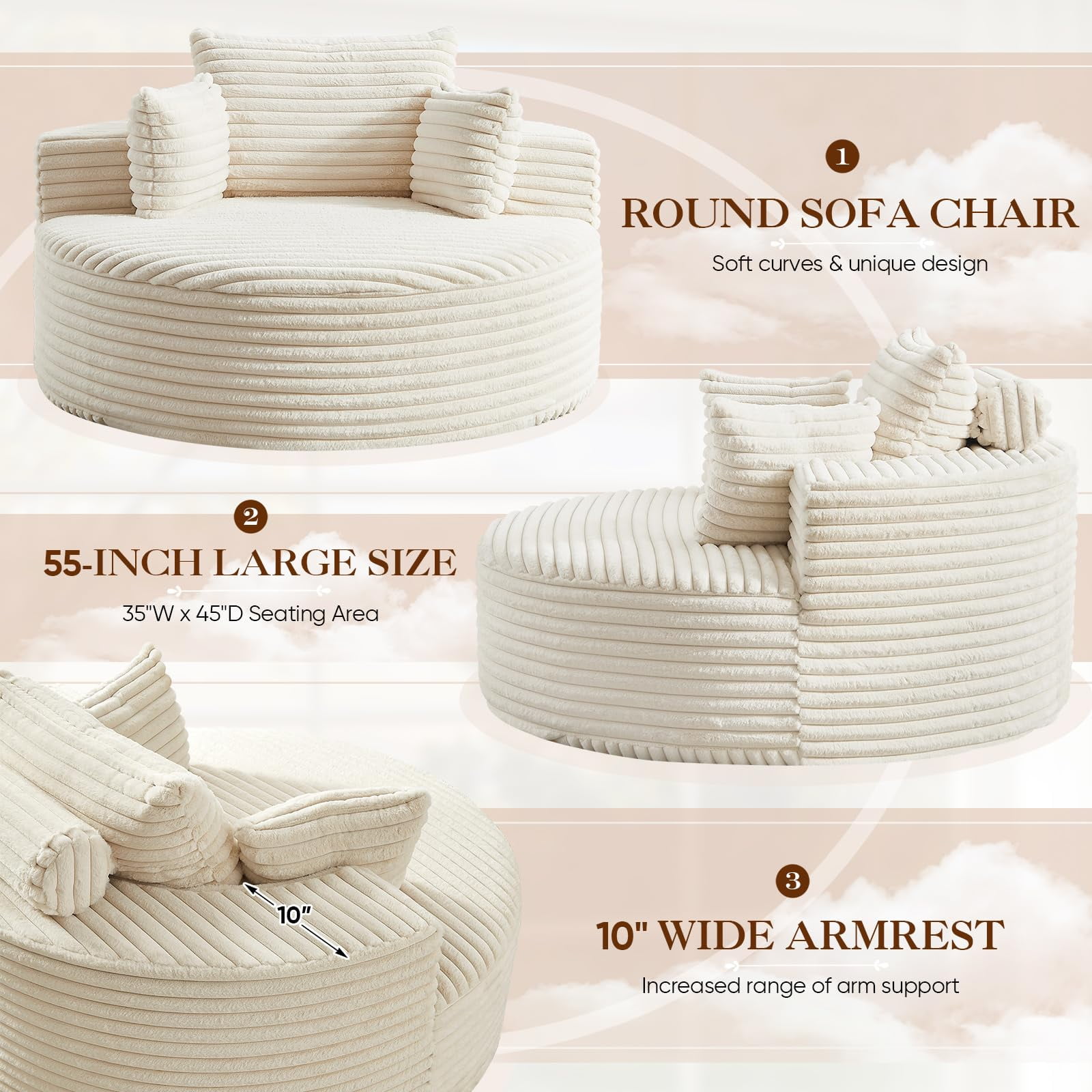 Aukfa 55" Oversized Round Chaise Lounge Chair Indoor, Corduroy Upholstered Sleeper Chair with Deep Seat & Pillows, Beige