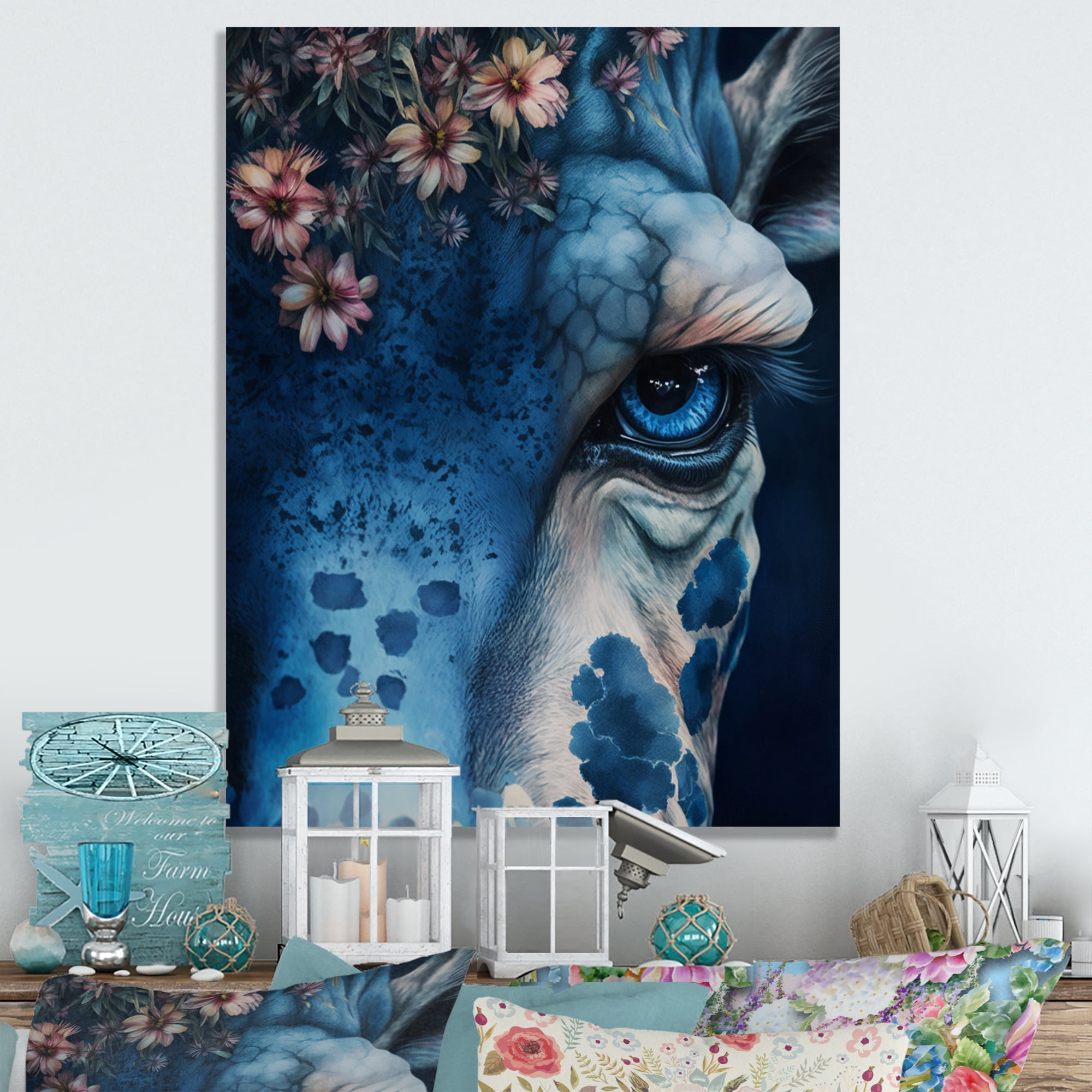 Designart Giraffe Portrait With Flowers II Canvas Wall Art