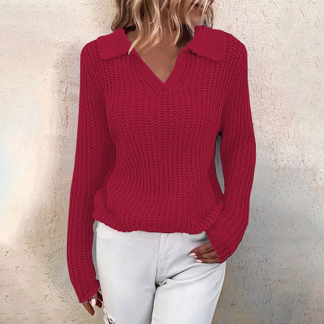 Qertyioot Chandails à Col en V pour Femmes Mode Automne Hiver Pull à Manches Longues Décontracté