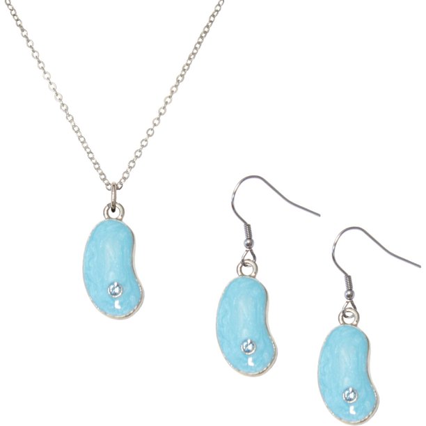 Rhodium Blue Jelly Bean Necklace and Earrings Jewelry Set