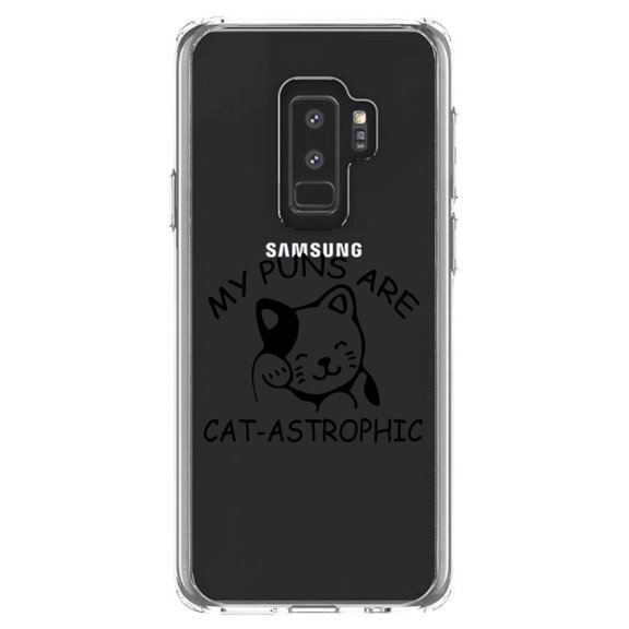 DistinctInk Clear Shockproof Hybrid Case for Samsung Galaxy S9  PLUS (6.2" Screen) - TPU Bumper Acrylic Back Tempered Glass Screen Protector - My Puns Are Cat-Astrophic