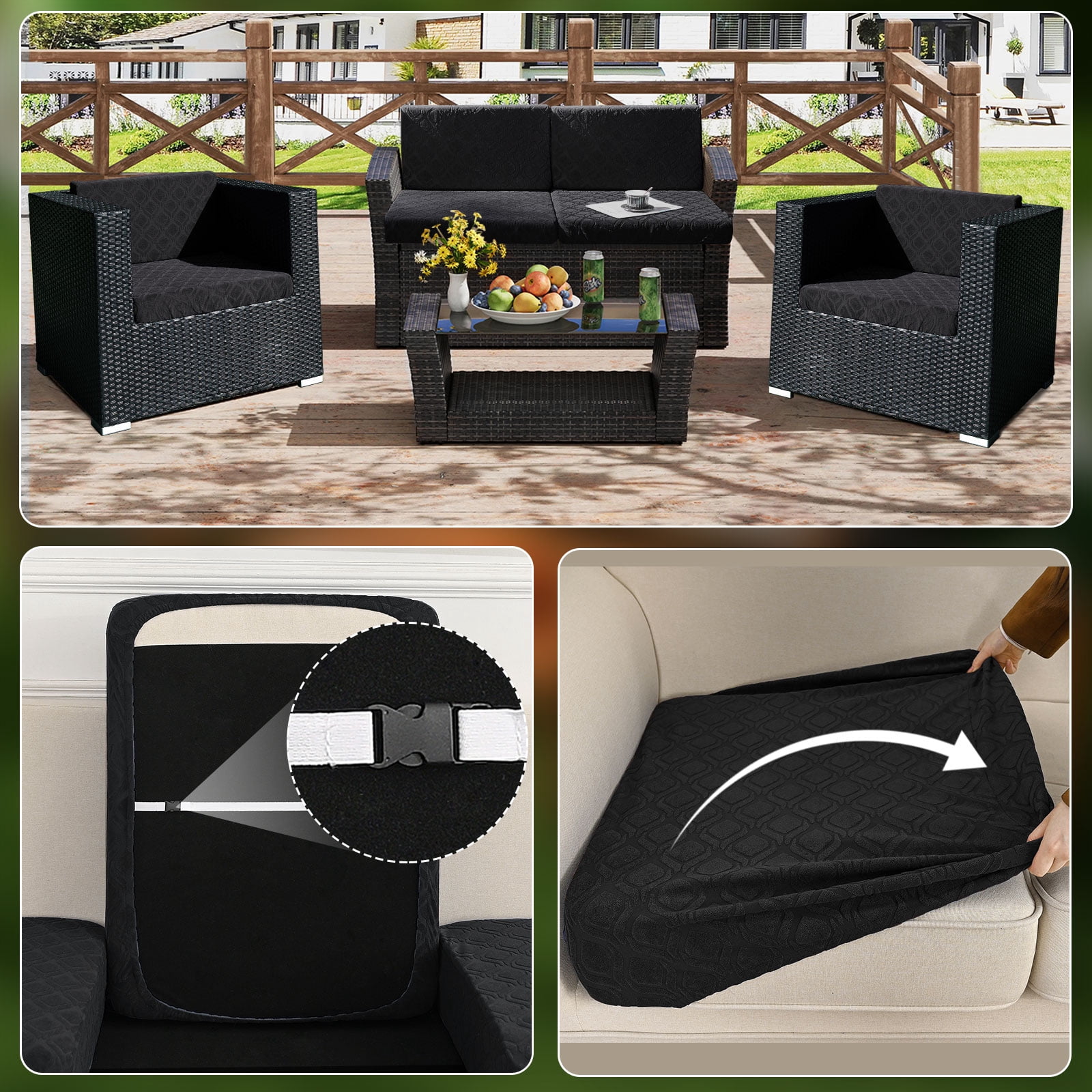 Topchances 6Pcs Patio Cushion Covers, Stretch Outdoor Water Resistant Sofa Cushion Cover Replacement for Patio Furniture Protector (Black)