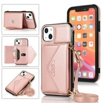 Dteck Card Holder Wallet Case for Apple iPhone 13 6.1-inch,Shockproof Rubber Silicone Bumper PU Leather Card Pocket Hybrid Protective Kickstand Cover with Cross Body Shoulder Strap,Rosegold