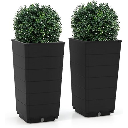 ZOPan Set of 2 Outdoor Flower Pot, 23" Tall Planters with Drainage Hole, Self-Watering Tray, PP Flower Pots, Indoor Outdoor Decoration for Front Porch Balcony Entryway Door (Black)