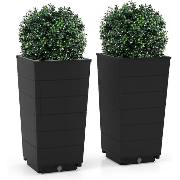 ZOPan Set of 2 Outdoor Flower Pot, 23" Tall Planters with Drainage Hole, Self-Watering Tray, PP Flower Pots, Indoor Outdoor Decoration for Front Porch Balcony Entryway Door (Black)