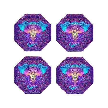 

Coasters Set of 4 - Elephant in Tribal Style Drink Coasters for Tabletop Protection Leather Coasters for Living Room Decor and Housewarming Gift Octagon