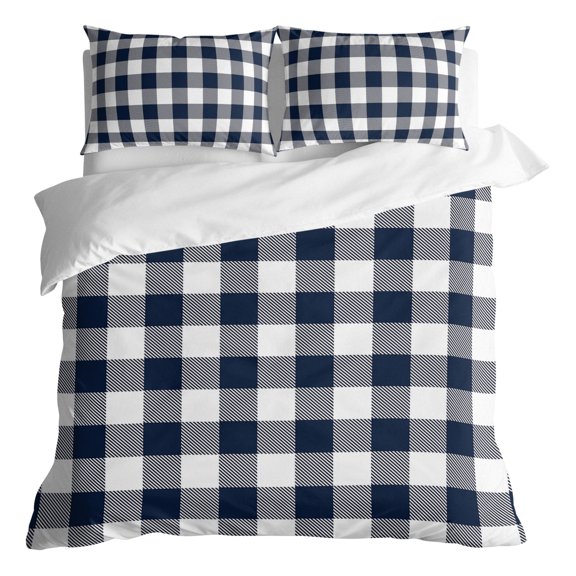 Duvet Cover Set California King Size Buffalo Plaid Dark Blue Check Comforter Sets 3 Pieces, Farmhouse Style Bedding Set with Zipper Closure and 2 Pillow Cases, Soft Bed Covers Bedroom Decor