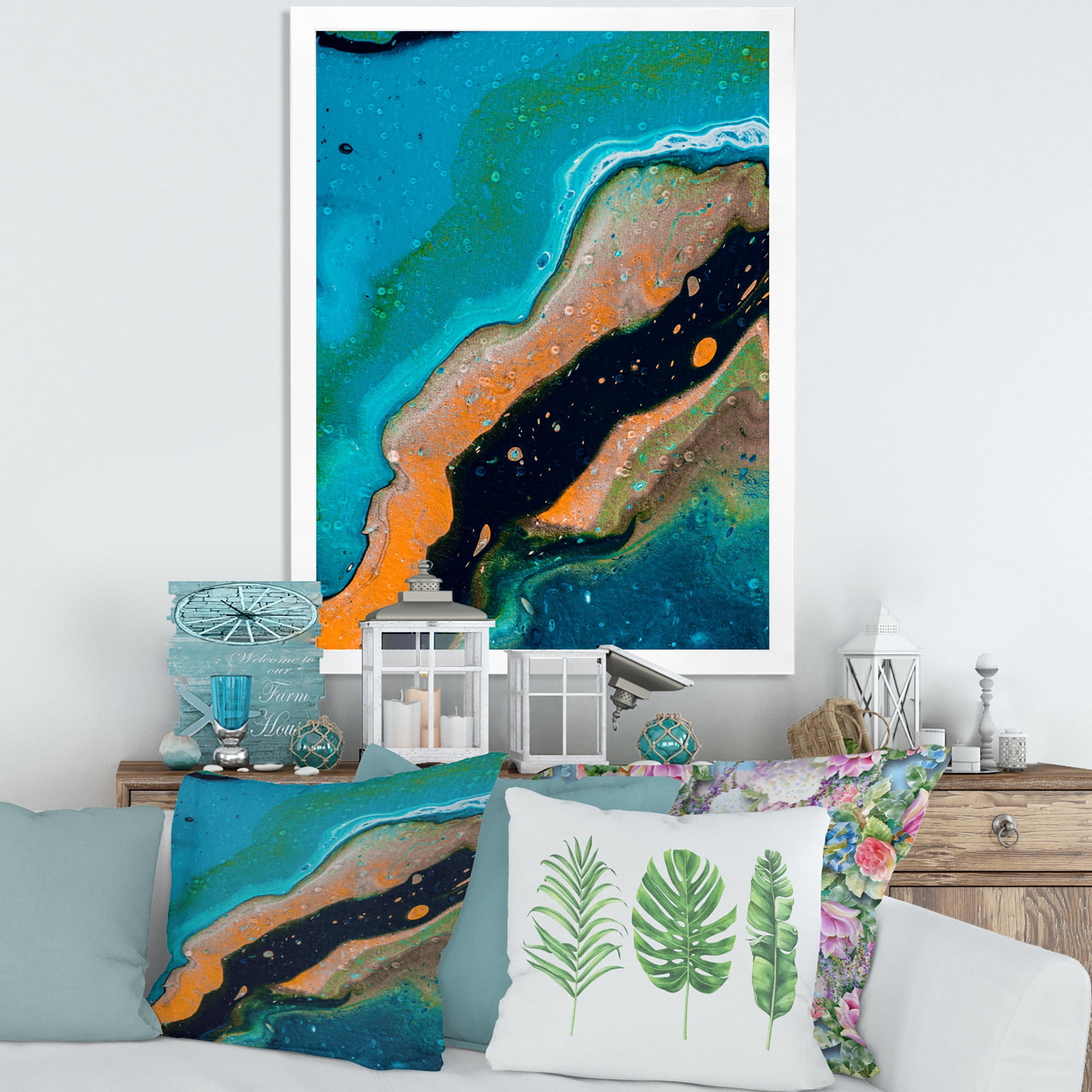 Designart 'Abstract Marble Composition In Orange and Blue II' Modern Framed Art Print