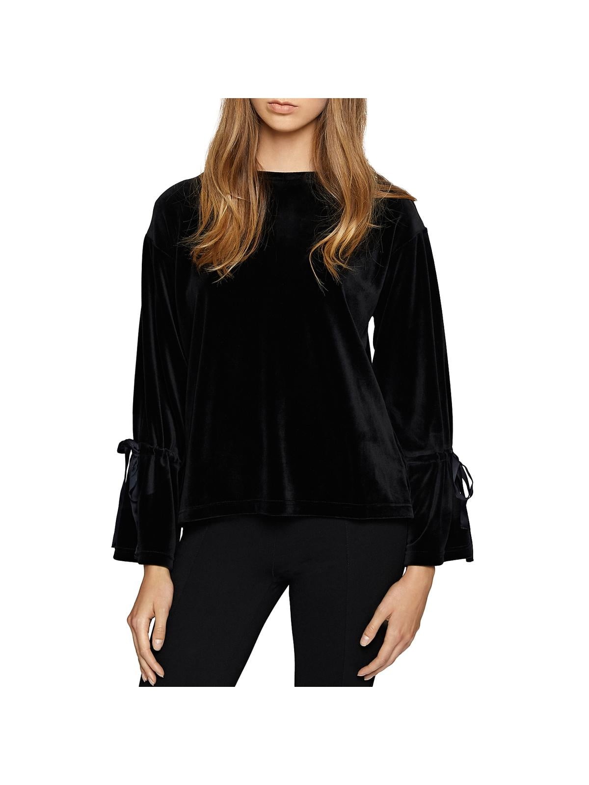 Matty M Women's Crushed Velour Top Shirt Blouse Long Sleeve Black Steel S M L 