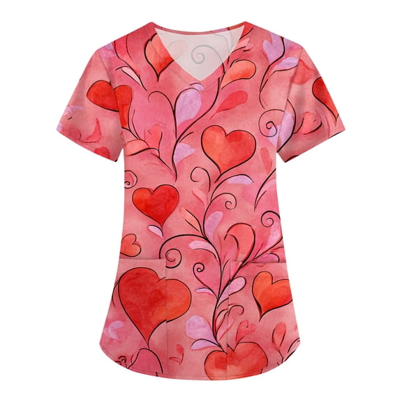 Valentines Scrubs Tops Women Plus Size Casual Short Sleeve Cute Valentine Love Printed Scrub Shirts Loose V Neck Scrubs Nursing Workwear Medical Nurse Uniform with Pockets Pink XL