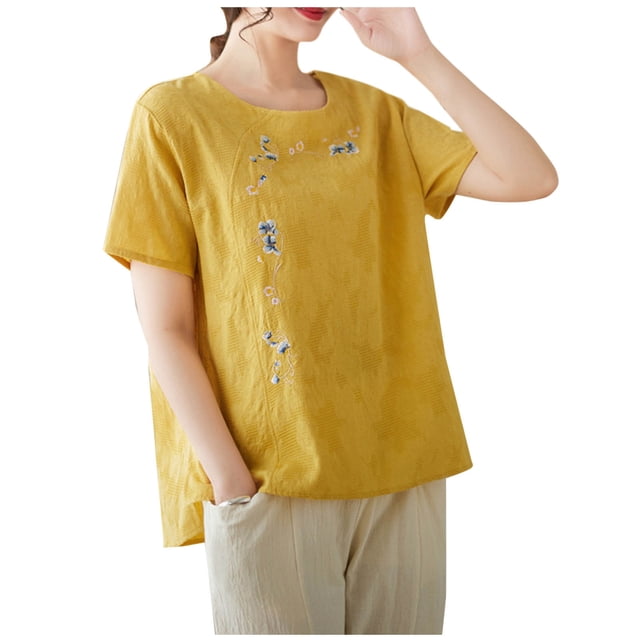 Camisas de Manga Corta para las Mujeres Blusas de Cuello Redondo con Botones Casuales, Camisa de Verano de Moda para Diarios Y Fiestas