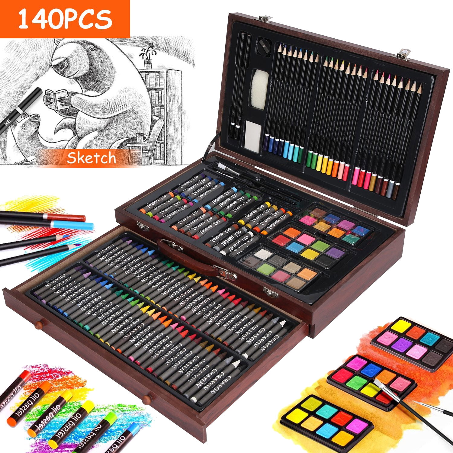 140Pcs Painting Drawing Art Kit in Wooden Box with Drawer Art Set for Adults Teens Kids Premium Art Supplies Includes Watercolors Oil Pastels Crayons & More
