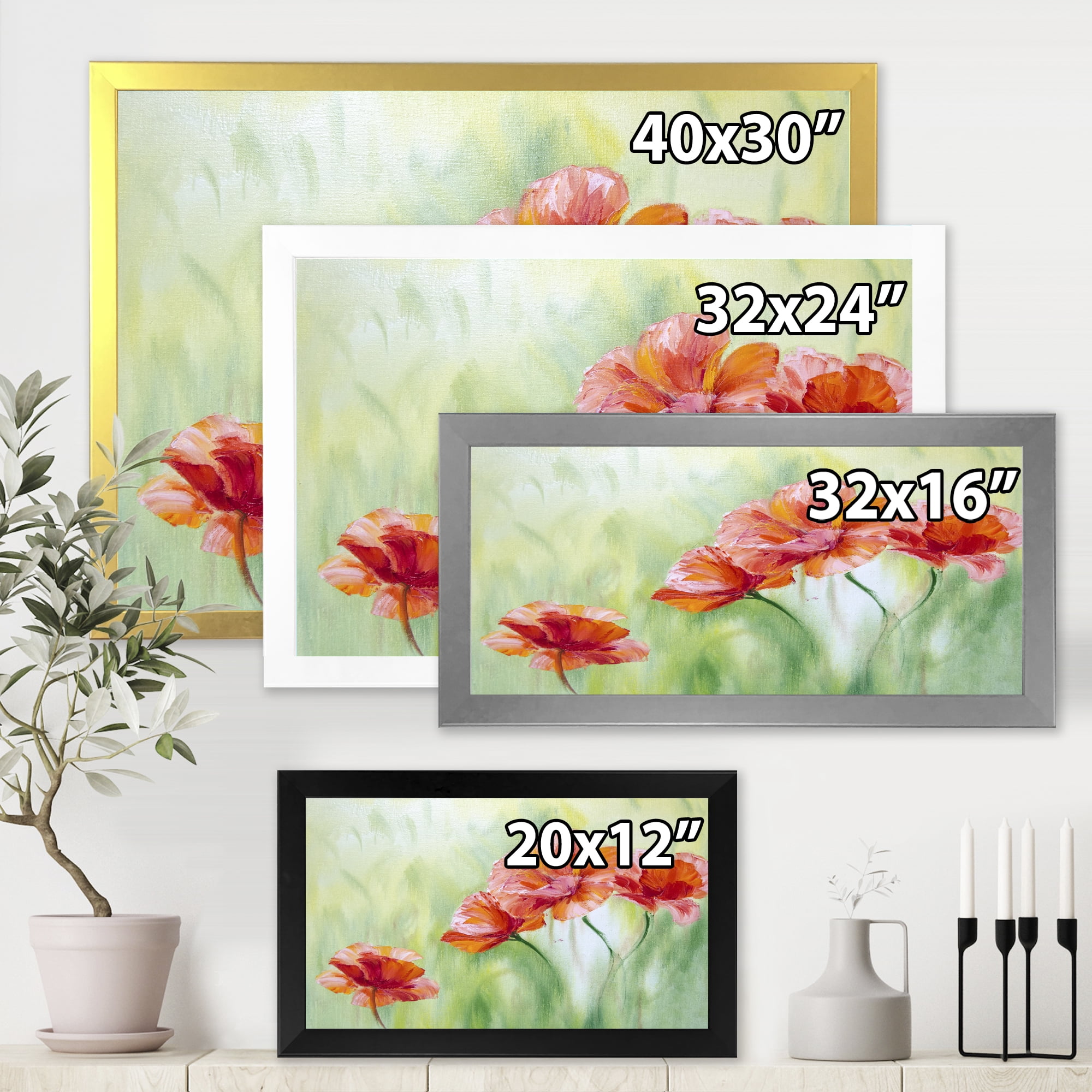 Designart 'Red Blossoming Poppies Over Wild Green I' Traditional Framed Art Print