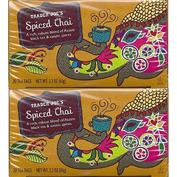 Trader Joe's Spiced Chai Assam Black Tea Exotic Spices 20 Tea Bags 2.2 Oz. Pack of 3