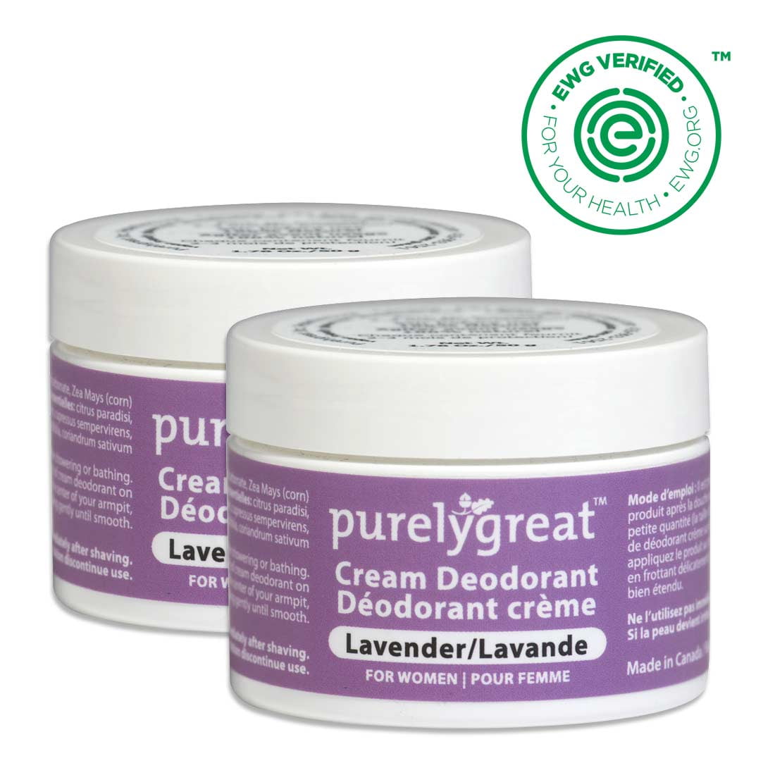 2 Pack Purelygreat Natural Deodorant Cream Lavender for Women 50g Aluminum Free Vegan