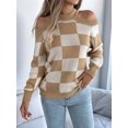 thumbnail image 6 of Women'S Color Block Checkered Off-Shoulder Long Sleeve Y2K Plaid Knitted Pullover Sweater Tops Vintage Sweater Khaki M, 6 of 8
