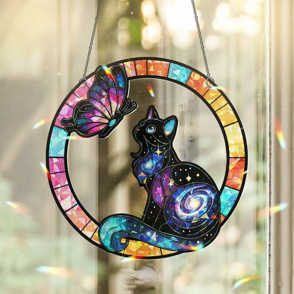 Lotusprinthandmade Galaxy Cat and Butterfly Custom Shape Broken Glass Hologram Ornament 3.5in, galaxy cat ornament, butterfly hologram ornament