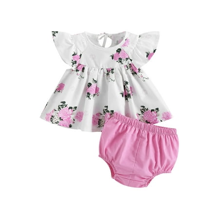 

MissiMae Baby Girls Summer Outfit Sets Short Sleeve O Neck Floral Tops + Solid Color PP Shorts 0-2Y