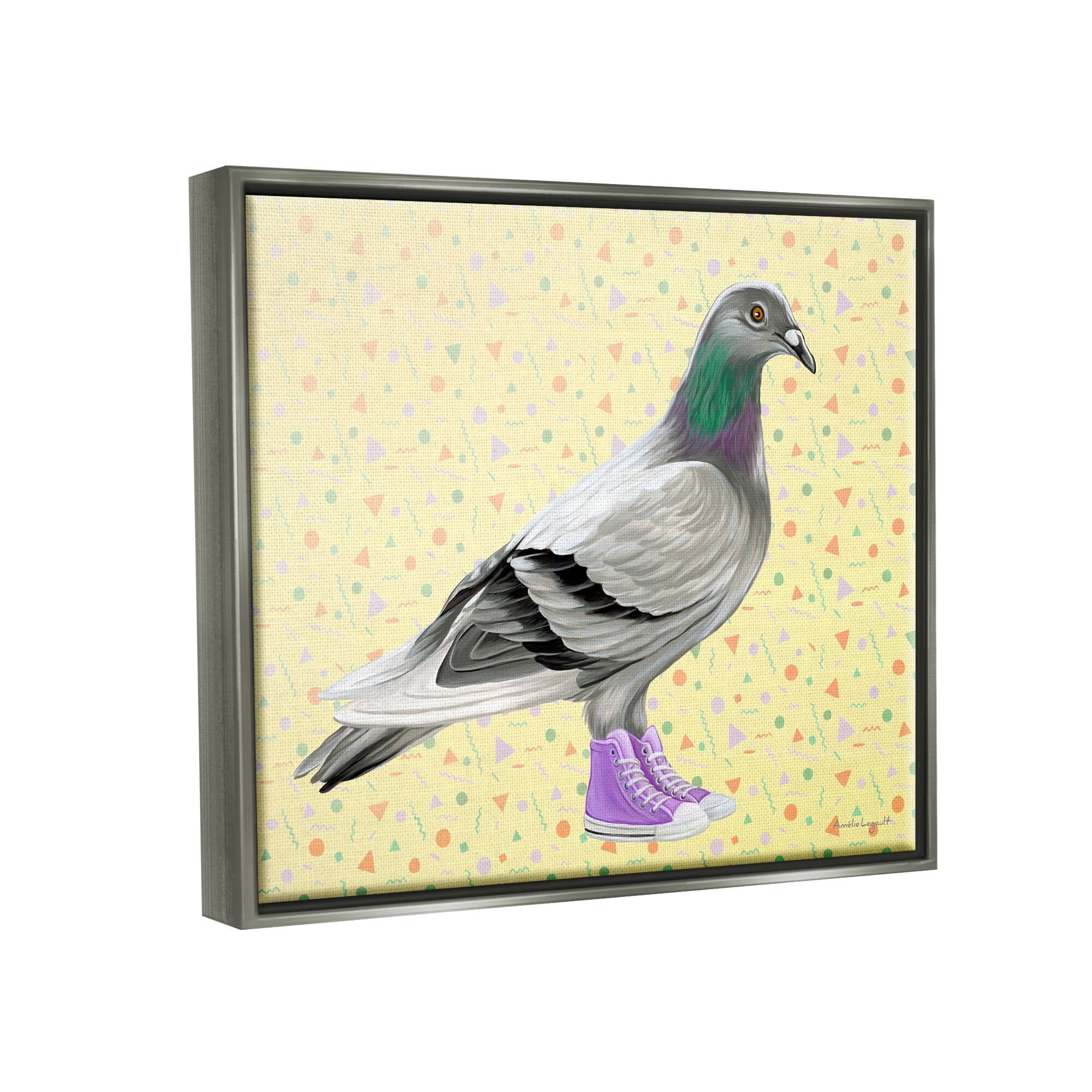 Stupell Industries Pigeon In Purple Sneakers Retro Patterned Background Graphic Art Luster Gray Floating Framed Canvas Print Wall Art, Design by Amelie Legault