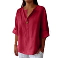 thumbnail image 3 of Cotton Linen Shirts for Women 2026 Summer Short Sleeve Button V Neck Tops Dressy Casual Oversized Tshirts by Yigetop Hot Pink M, 3 of 8