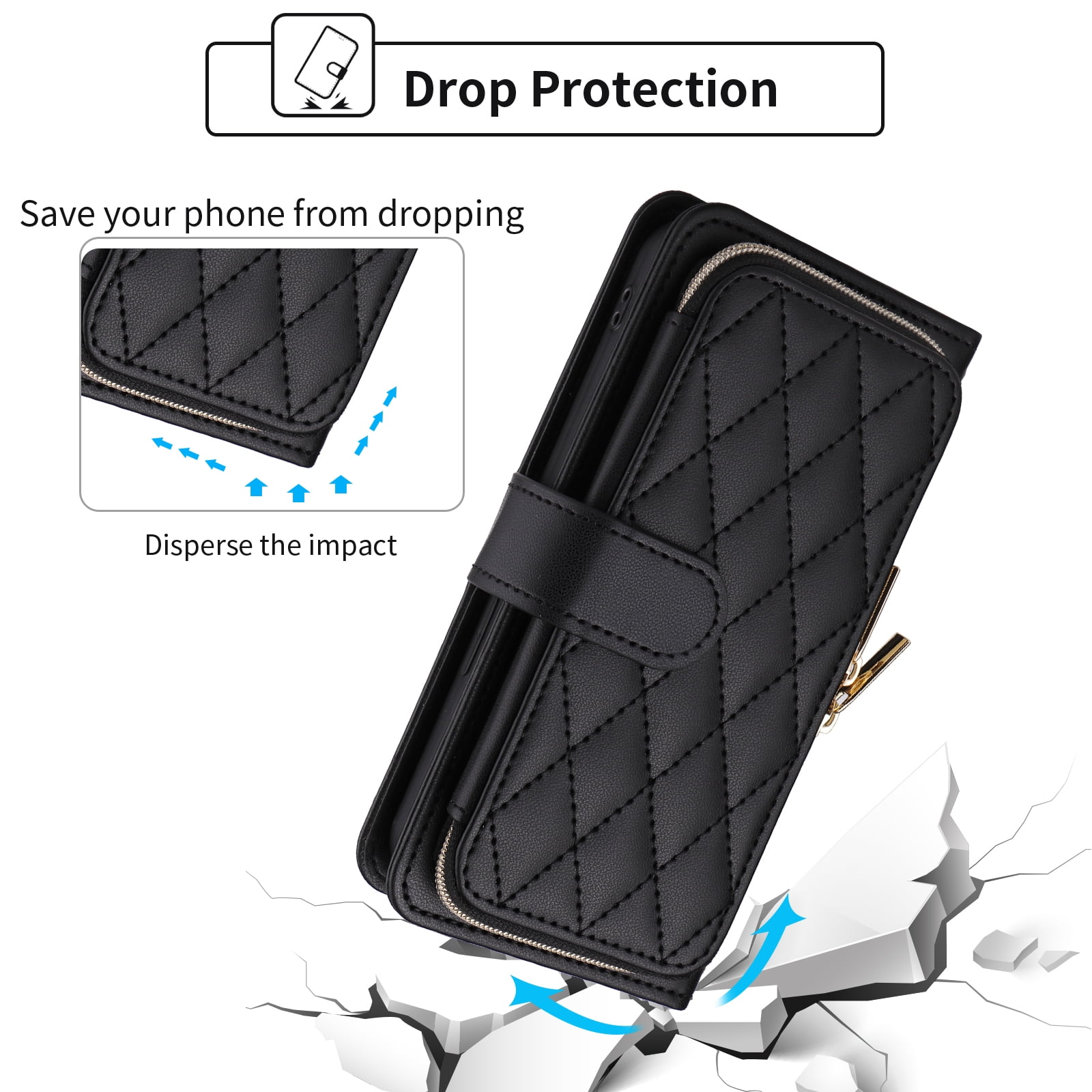 Furiet Argyle Wallet Case Compatible with iPhone 16 Pro Max 6.9 inch with Wrist Strap Shoulder Strap, Card Slots Zipper Purse Stand Phone Cover for i Phone16 16Pro i16 ProMax 16ProMax Black